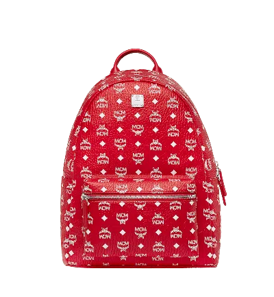 Pre-owned Mcm Men's  Stark Backpack Visetos White Logo Medium In Ruby Red