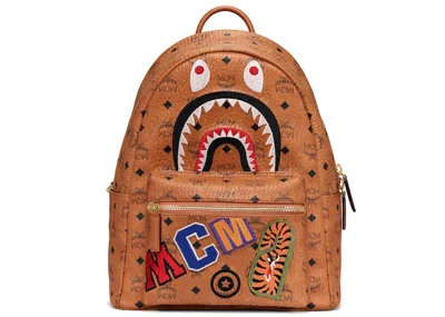 Pre-owned Mcm Men's  X Bape Shark Stark Backpack Visetos In Cognac