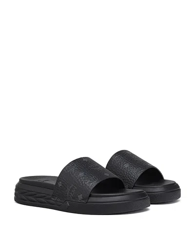 Mcm Embossed Monogram Leather Sandals In Black