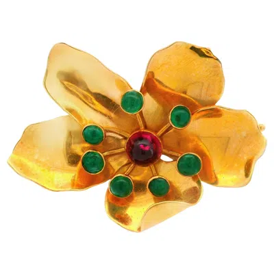 Pre-owned Mcm Mic Neugel  18k Yellow Gold Tourmaline And Emerald Flower Brooch