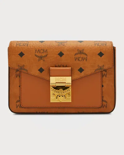 Mcm Millie Visetos Logo Leather Crossbody Bag In Cognac