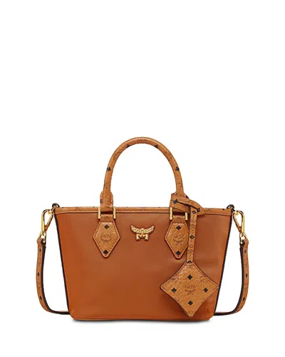 Mcm Mini Aren Shopper In Nylon & Monogram Print Leather In Cognac