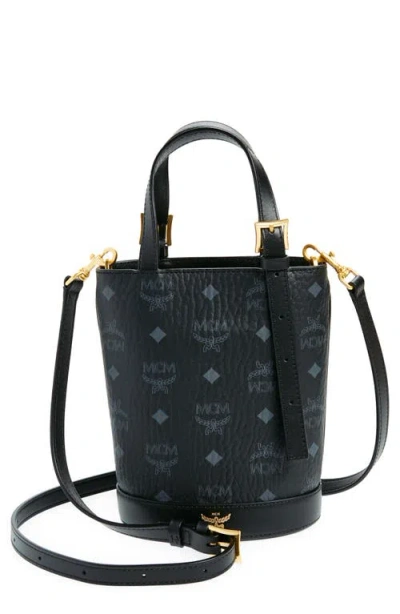 Mcm Mini Aren Vi Visetos Coated Canvas Bucket Bag In Black