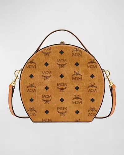 Mcm Mini Visetos Monogram Hat Box Crossbody Bag In Cognac