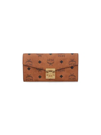 Mcm Monogram Flap Wallet With Logo Clasp In Brown