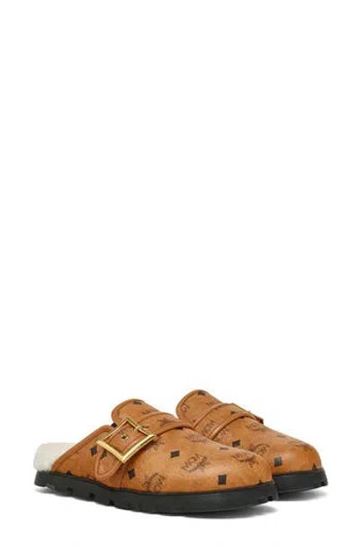 Mcm Monogram Genuine Shearling Lined Mule In Brown