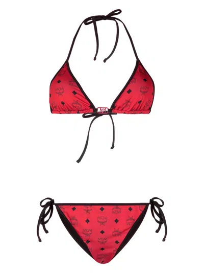 Mcm Monogram-print Strappy Bikini Set In Red