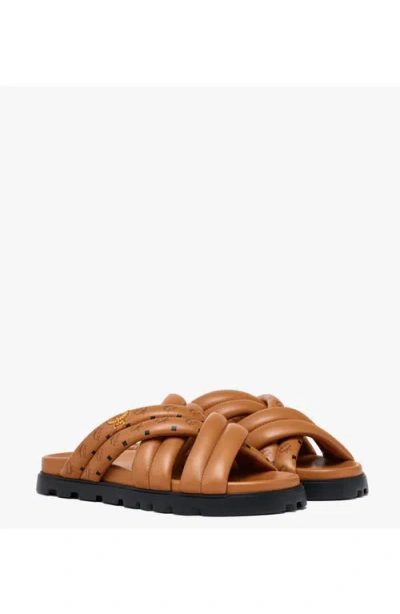 Mcm Monogram Print Cross Sandals In Cognac