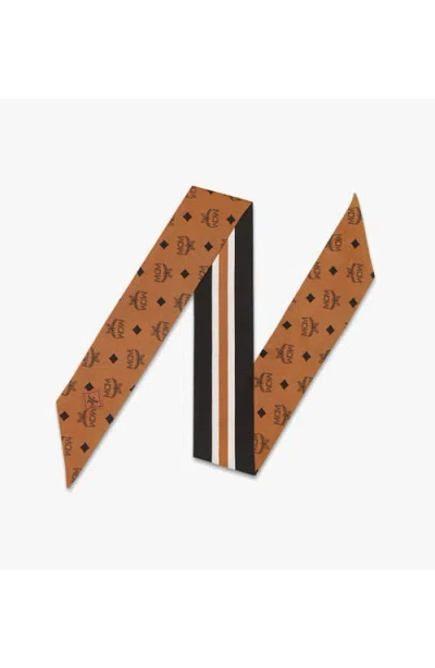 Mcm Monogram Print Petite Silk Scarf In Cognac
