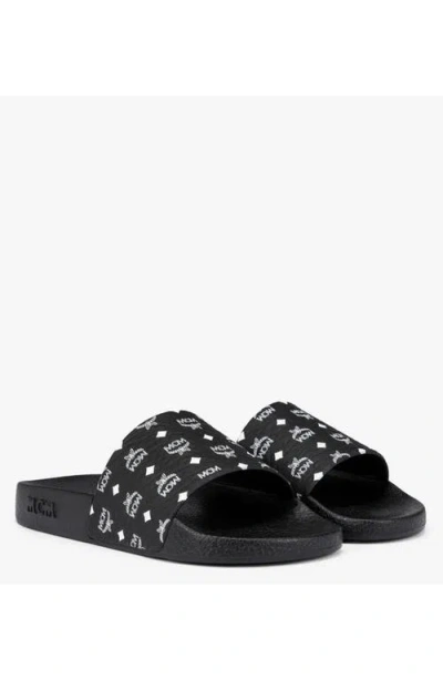 Mcm Monogram Print Rubber Slides In Black