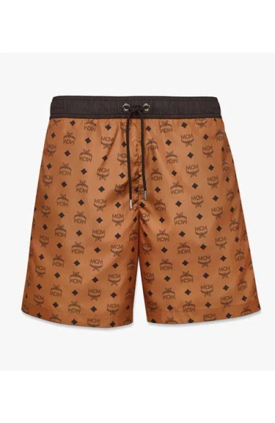 Mcm Monogram Print Swim Trunks In Cognac