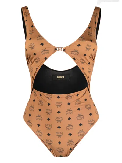 Mcm Monogram-print Swimsuit In Brown