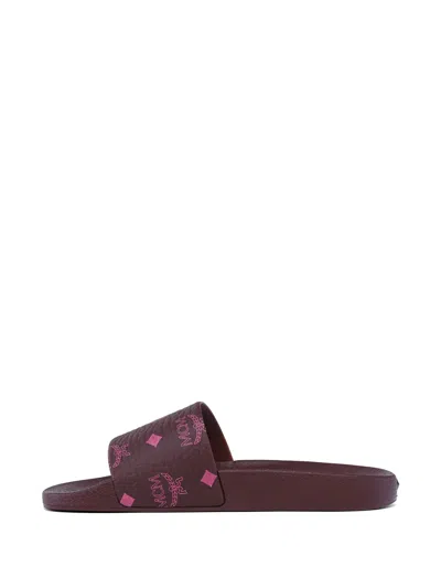 Mcm Monogram Print Rubber Slides In Brown