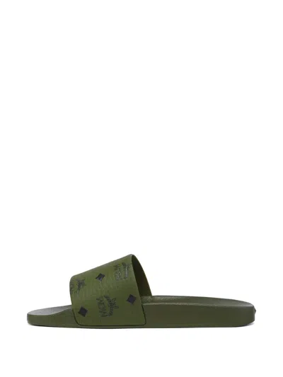 Mcm Monogram-print Slides In Green