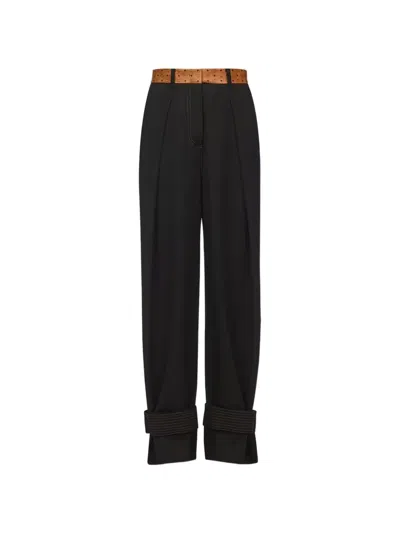 Mcm Pants In Wool Twill And Monogram Print Leather In Black