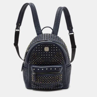 Pre-owned Mcm Navy Blue Leather Diamond Studs Stark Backpack