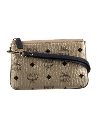 Pre-owned Mcm Patent Leather Printed Wristlet In Gold