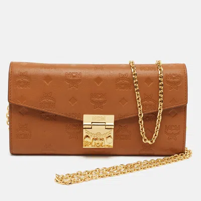 Pre-owned Mcm Patricia Brown Logo Embossed Leather Wallet On Chain