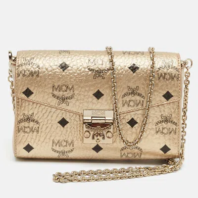 Pre-owned Mcm Patricia Gold Visetos Coated Canvas Wallet On Chain