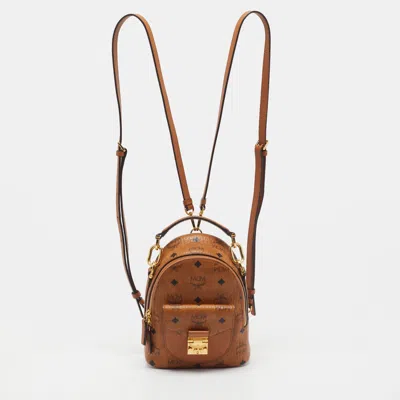 Pre-owned Mcm Patricia Mini Cognac Visetos Coated Canvas And Leather Backpack In Brown