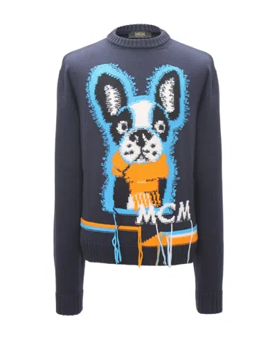 Mcm Pattern Logo Embroidered Sweater In Blue