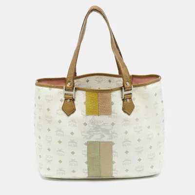 Pre-owned Mcm Princess Lion Medium White Visetos Coated Canvas Shopper Tote