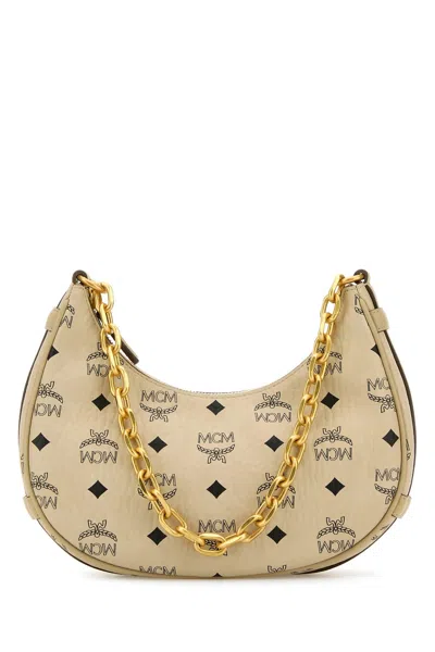 Mcm Printed Canvas Aren Crescent Shoulder Bag In Beigeblacklogo