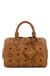 Mcm Canvas Printed Handbag With Detachable Tag And Top Handles In Brown