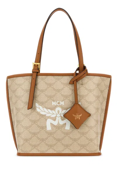 Mcm Printed Canvas Mini Himmel Shopping Bag In Ss24oatmeal