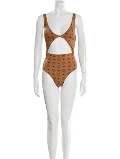 Pre-owned Mcm Printed Cutout Accent One-piece In Brown