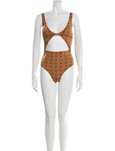 Pre-owned Mcm Printed Cutout Accent One-piece In Brown