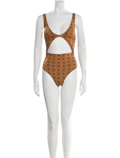 Pre-owned Mcm Printed Cutout Accent One-piece In Brown