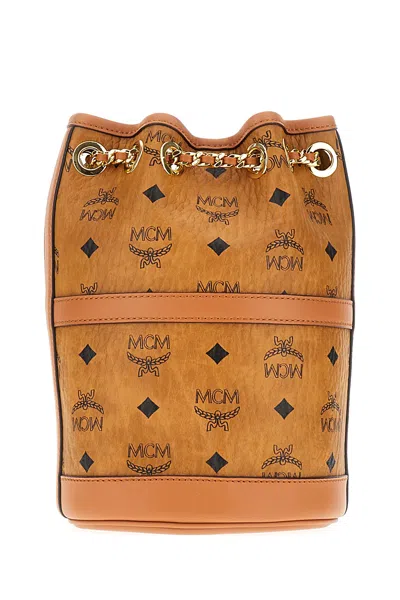 Mcm Printed Synthetic Leather Aren Chain Bucket Bag In Brown