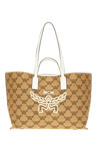 Mcm Printed Synthetic Leather Shopping Bag In Natural