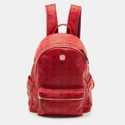 Pre-owned Mcm Red Visetos Coated Canvas And Leather Large Studs Stark Backpack
