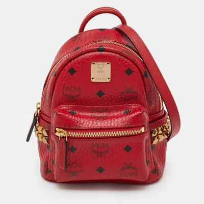 Pre-owned Mcm Red Visetos Coated Canvas And Leather Side Stud X-mini Stark Bebe Boo Backpack