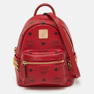 Pre-owned Mcm Red Visetos Coated Canvas And Leather Side Stud X-mini Stark Bebe Boo Backpack