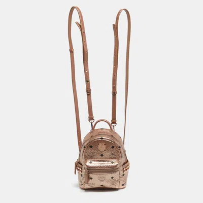 Pre-owned Mcm Rose Gold Visetos Coated Canvas And Leather Mini Studded Stark Bebe Boo Backpack