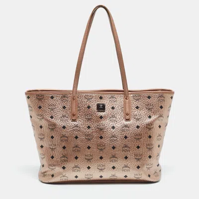 Pre-owned Mcm Rose Gold Visetos Coated Canvas And Leather Shopper Tote In Silver
