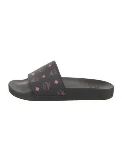 Pre-owned Mcm Rubber Graphic Print Slides In Black