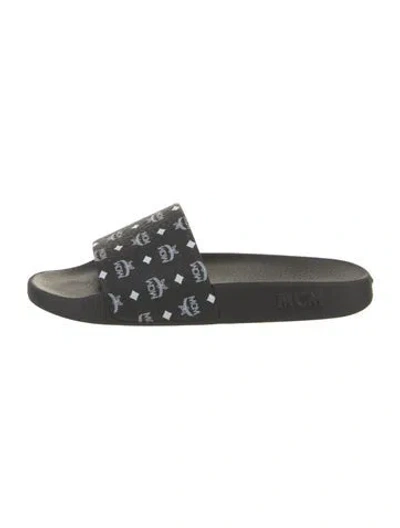 Pre-owned Mcm Rubber Graphic Print Slides In Black