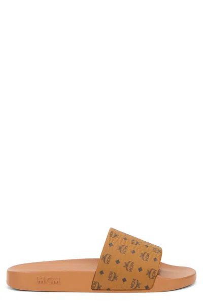 Mcm Rubber Slider Sandal With Logo In Beige