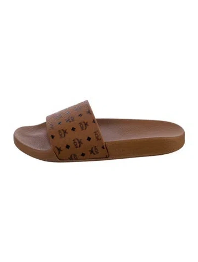 Pre-owned Mcm Rubber Slides In Brown