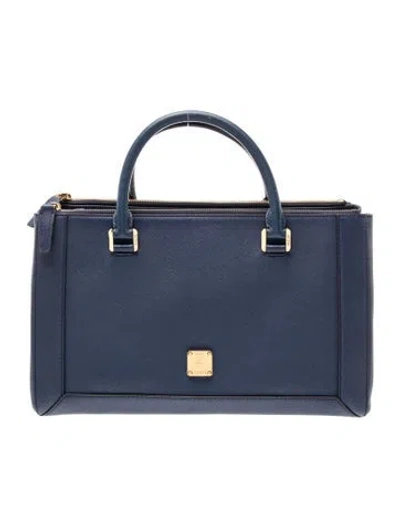 Pre-owned Mcm Saffiano Leather Top Handle Bag Large In Blue