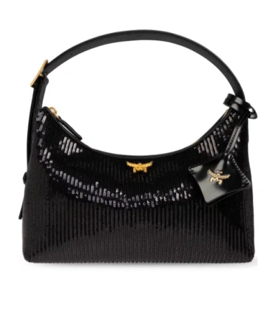 Mcm Sequined Shoulder Bag In Black