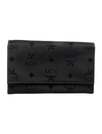 Pre-owned Mcm Signature Logo Canvas Trifold Wallet In Black