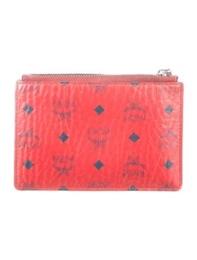 Pre-owned Mcm Signature Logo Leather Card Holder In Red