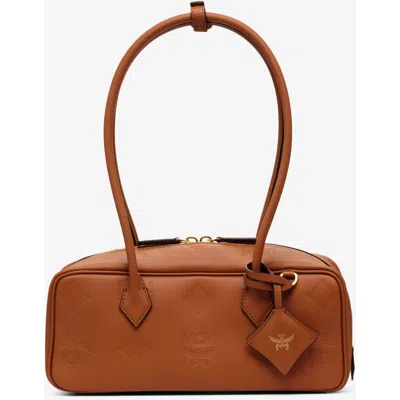 Mcm Small Aren East West Shoulder Bag In Maxi Monogram Leather In Brown