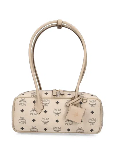 Mcm Small Aren Monogram-print Leather-trim Shoulder Bag In Neutral