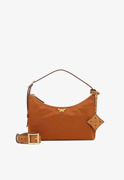 Mcm Small Aren Nylon Shoulder Bag In Cognac